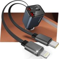 Rampow Car 4-in-1 Retractable USB-C + Lightning USB Ports Charger