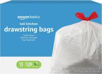 Amazon Basics 13-Gallon Tall Kitchen Drawstring Trash Bags 120 Pack
