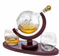 Whiskey Decanter Globe Set with 2 Etched Globe Whisky Glasses