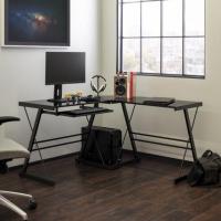 Manor Park Modern Glass and Metal L-Shaped Corner Desk