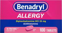 Benadryl Allergy Antihistamine Diphenhydramine Tablets 100 Pack