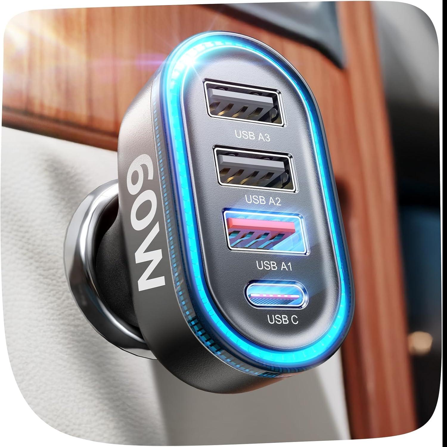 Lisen 60W 3-Port USB-A + USB-C PD QC 3.0 Car Charger for $7.98