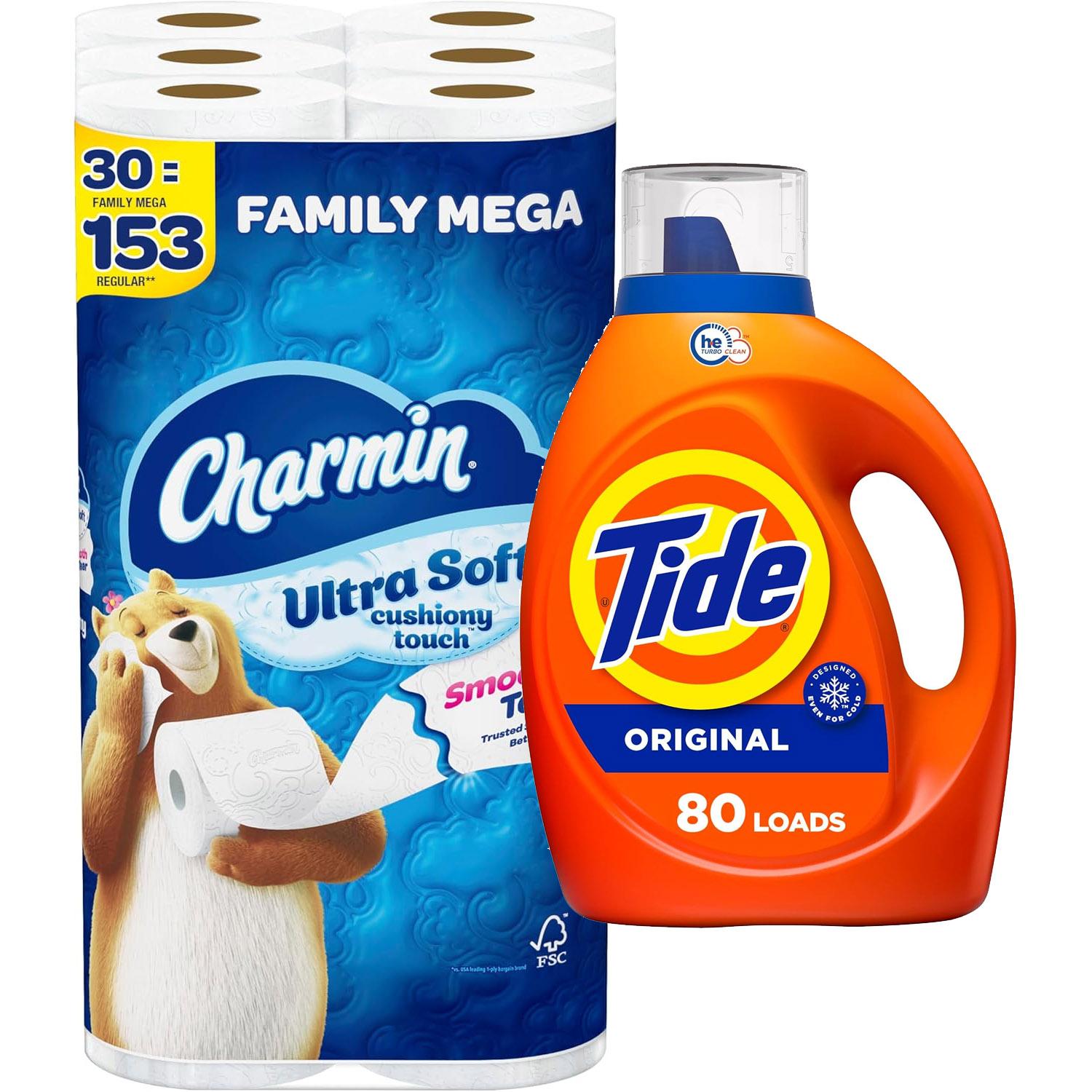 Charmin Mega Toilet Paper 30 Rolls with Tide Detergent + $15 Credit for $52.58 Shipped