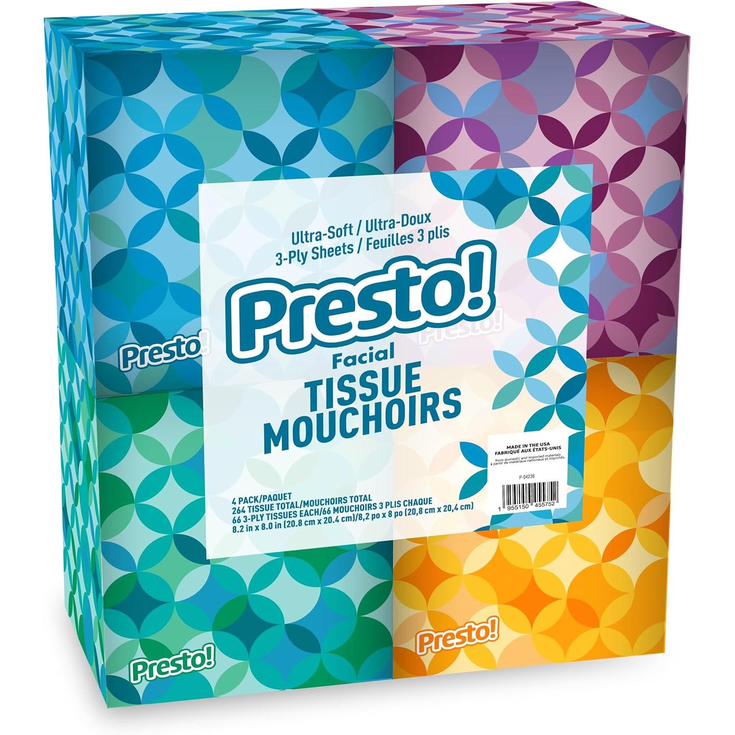 Presto Ultra-Soft 3-Ply Premium Facial Tissues 4 Packfor $4.09