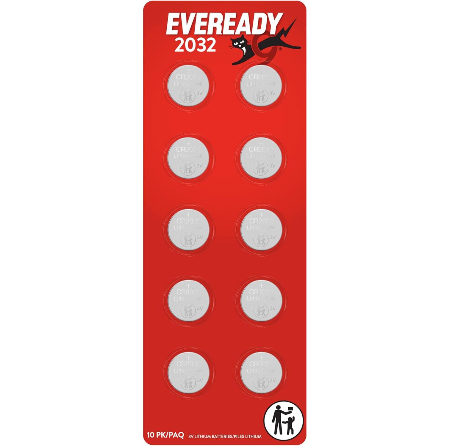 Eveready CR2032 Lithium 3V Coin Battery 10 Pack for $3.44