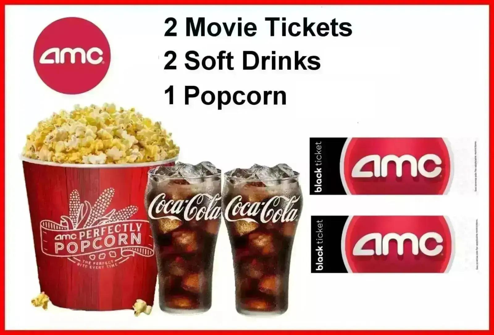 AMC Movie Theater 2 Tickets + 2 Drinks and Large Popcorn for $20