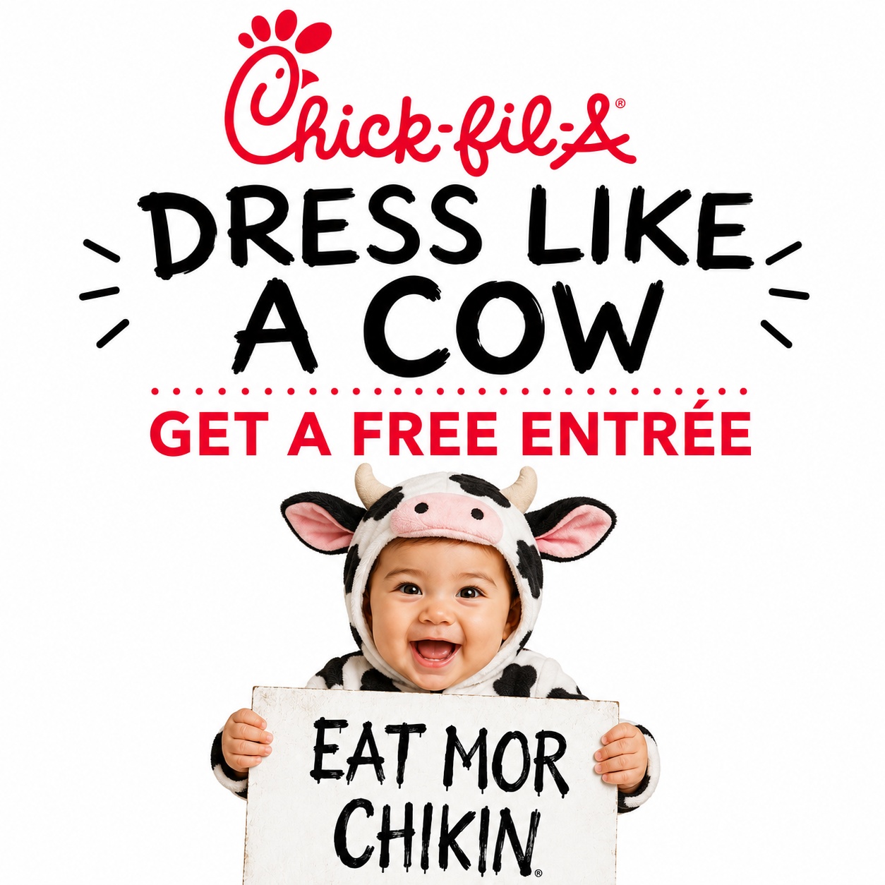 Chick-Fil-A Dress Like a Cow Get a Free Entree Until 7pm