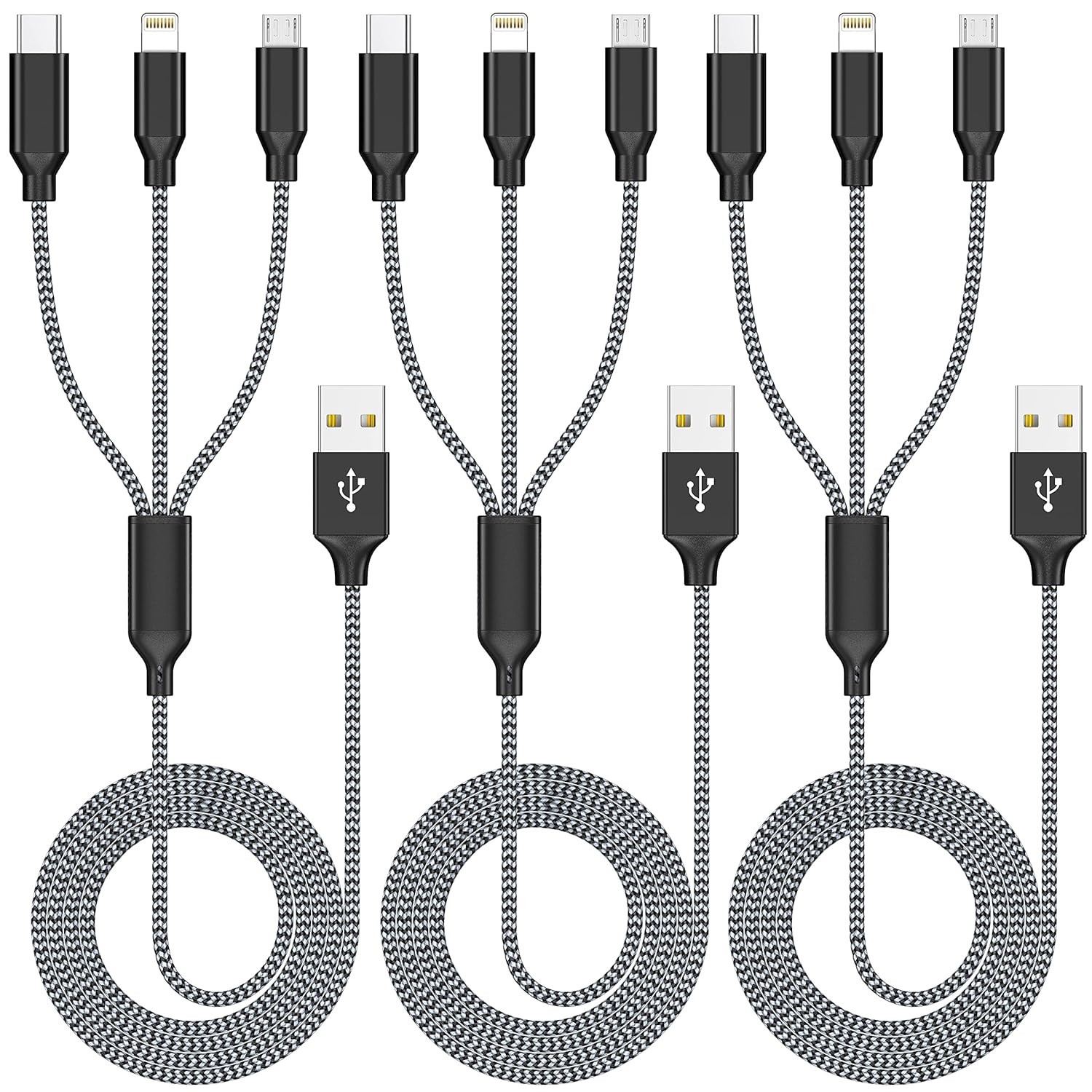 USB to USB-C Lightning and microUSB Cable 3 Pack for $4.49