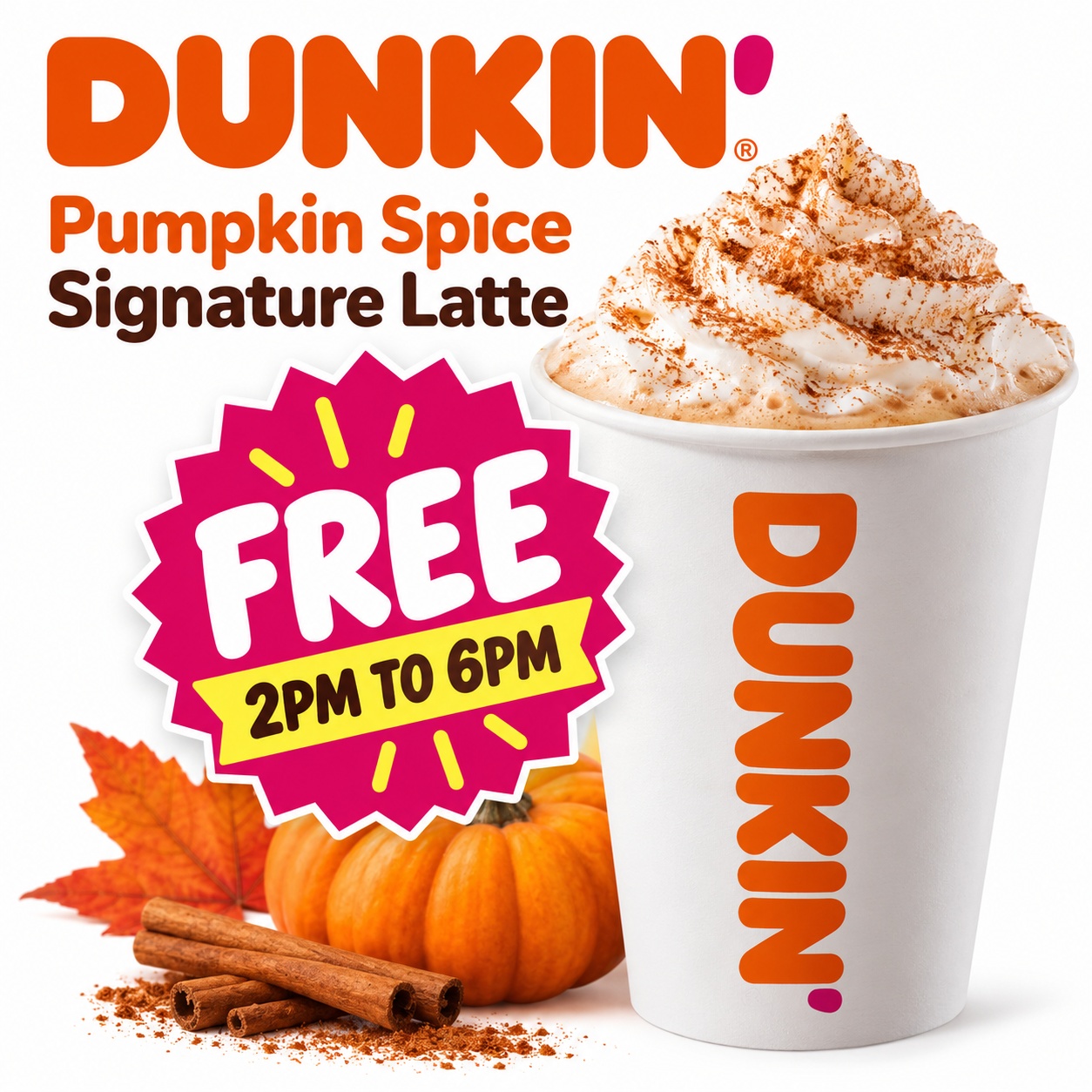 Free Dunkin Donuts Pumpkin Spice Lattes with Purchase 2 to 6 pm