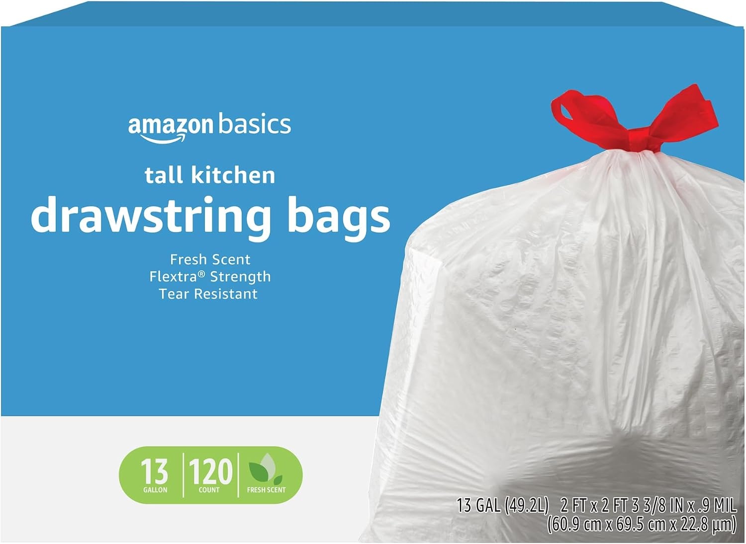Amazon Basics 13-Gallon Tall Kitchen Drawstring Trash Bags 120 Pack for $12.95