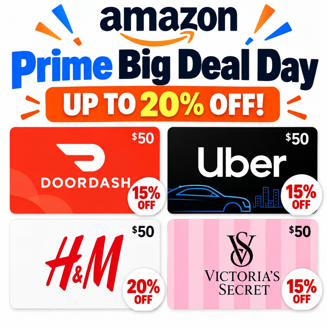 Amazon Prime Big Deal Day 2026 Gift Card Sale Up To 20% Off
