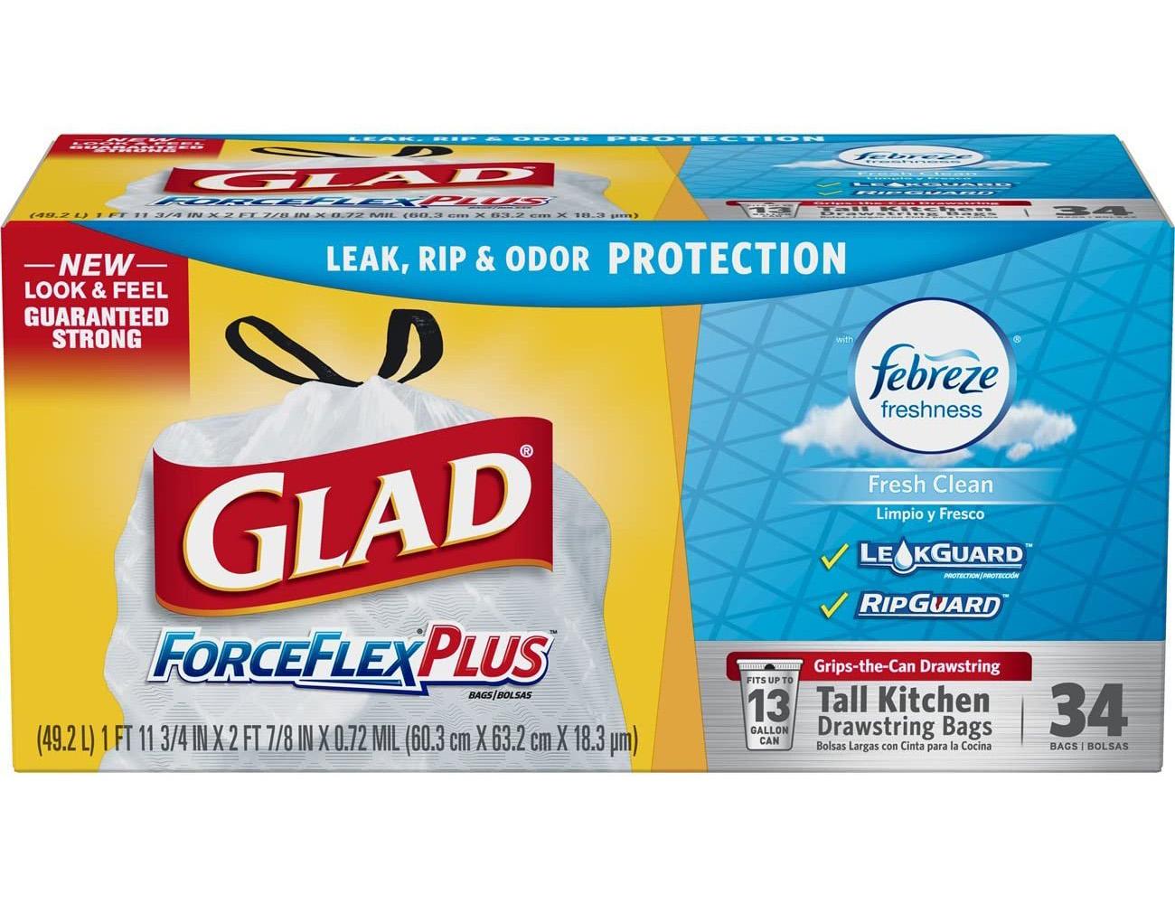 34 Glad ForceFlex OdorShield Tall Kitchen Drawstring Trash Bags for $7.77
