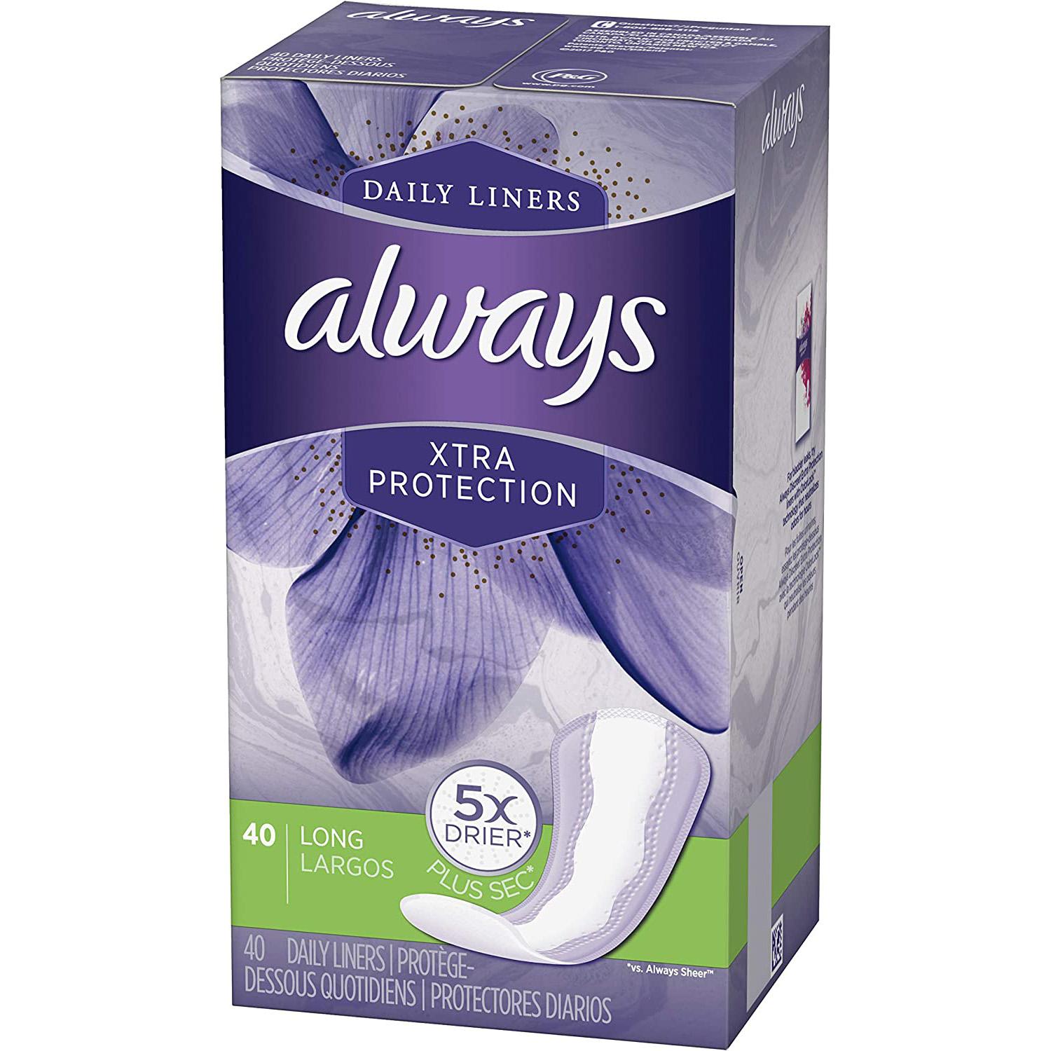 40 Always Xtra Protection Daily Liners Long Unscented for $1.50