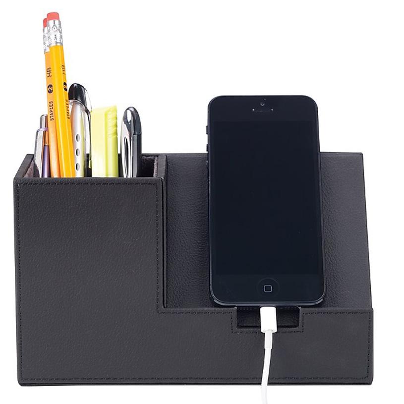 Faux Leather Pencil Cup with Cell Phone Holder for $4.07 Shipped