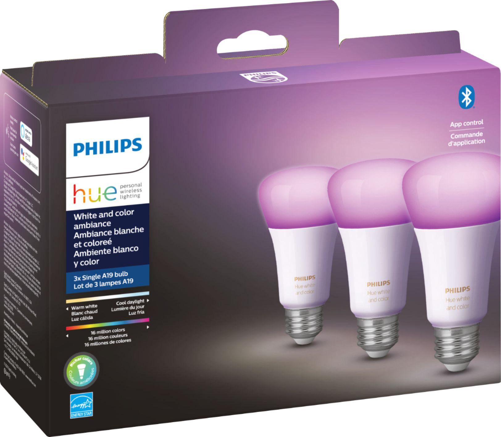 3 Philips Hue White and Color Ambiance A19 LED Smart Bulbs for $89.99 Shipped