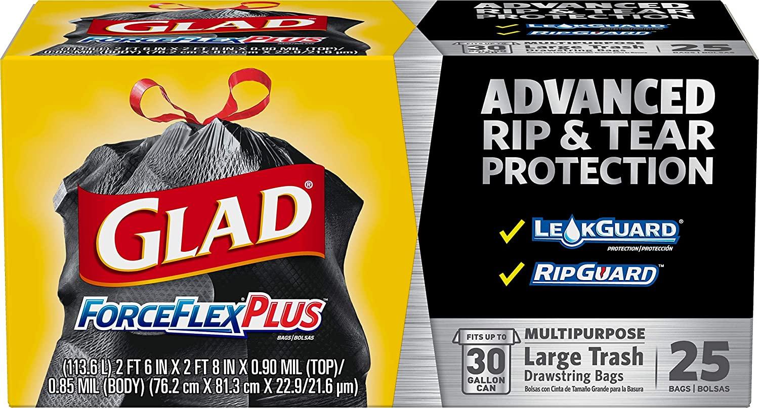 25 Glad 30-Gallon ForceFlexPlus Black Drawstring Trash Bags for $5.66