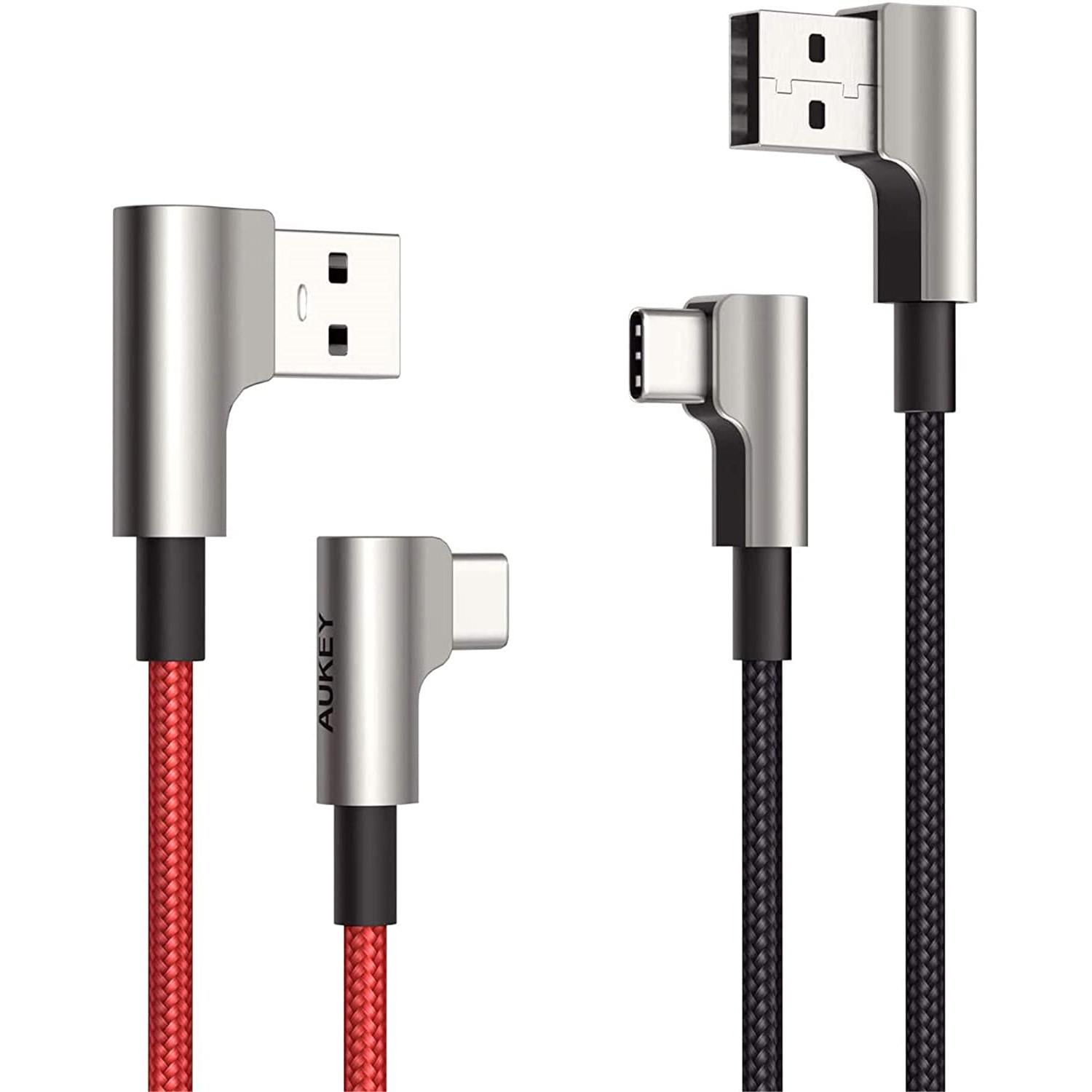 2 Aukey USB C to USB A 90 Degree Right Angle Nylon Braided Cables for $7.79