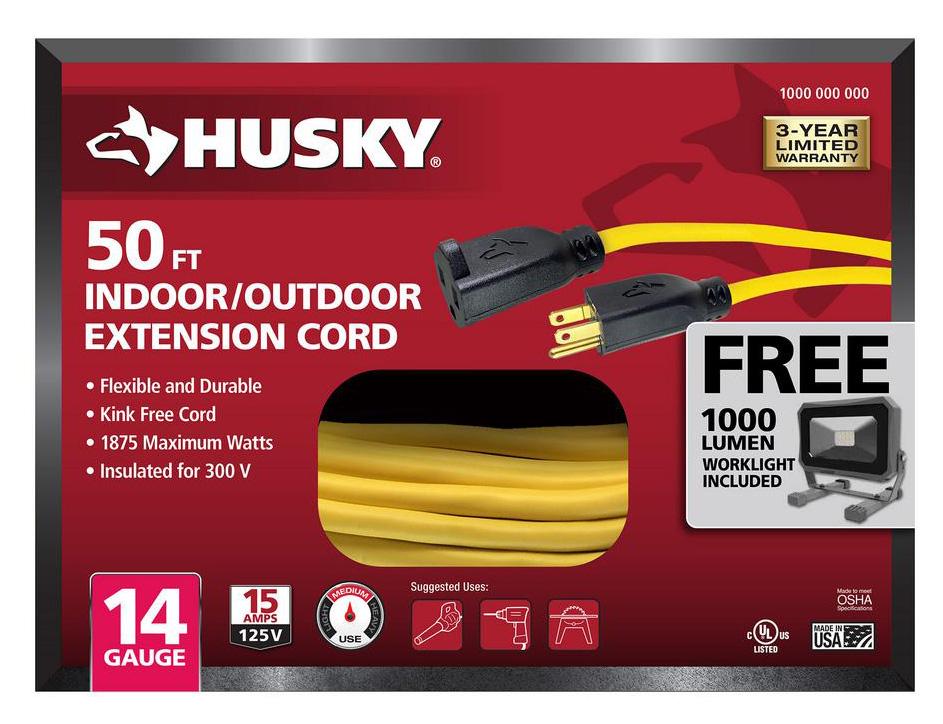 50ft Husky Indoor Outdoor Extension Cord and 1000 Lumen Work Light for $19.97
