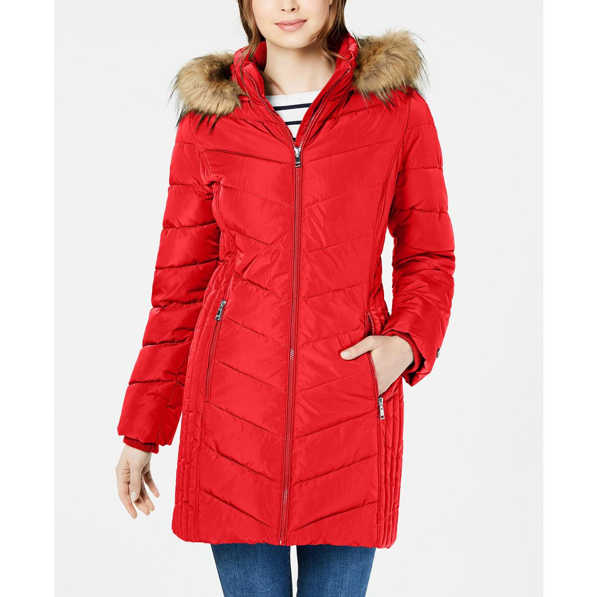 Tommy Hilfiger Chevron Faux-Fur Trim Hooded Puffer Coat for $61.25 Shipped