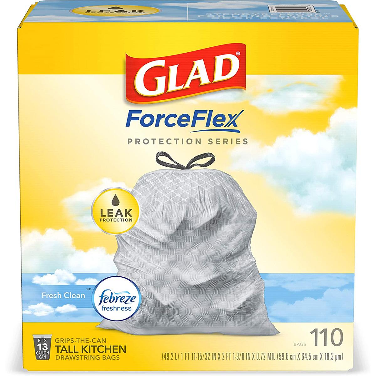 110 13G Glad ForceFlex Tall Kitchen Drawstring Trash Bags for $12.28 Shipped