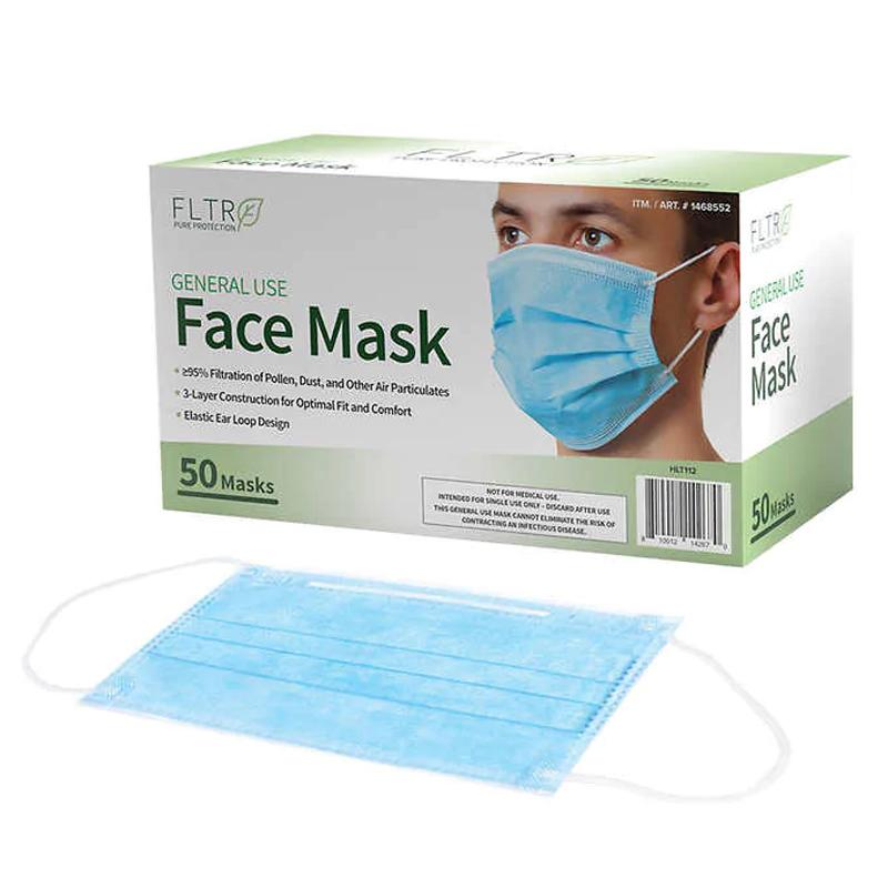 50 FLTR 3-Layer Disposable Face Mask with Elastic Ear Loop for $4.95 Shipped