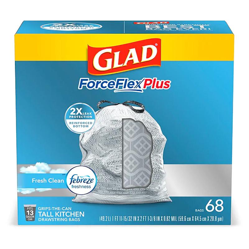 68 Glad ForceFlex Plus 13-Gallon Kitchen Drawstring Trash Bags for $9.99