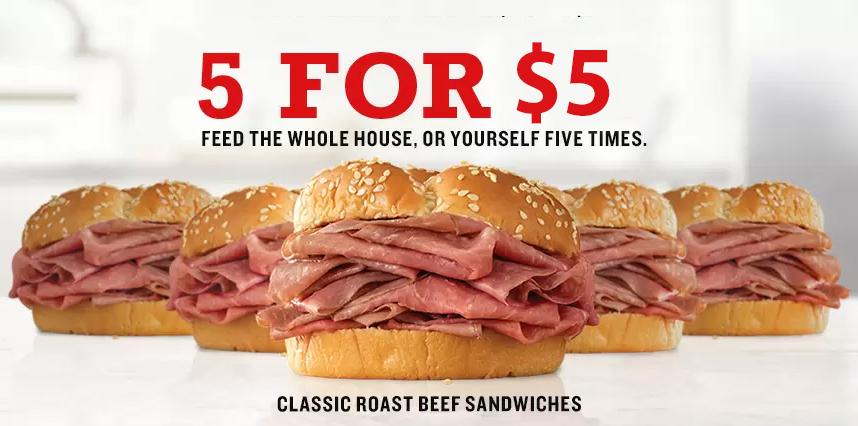 5 Arbys Classic Roast Beef Sandwiches for $5