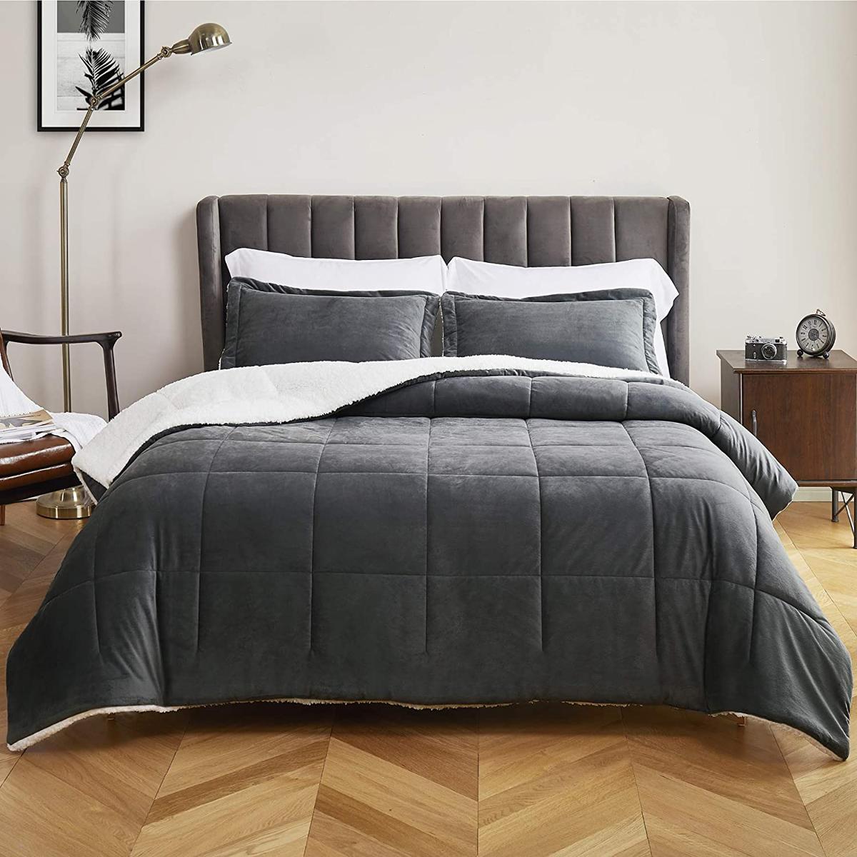 Bedsure Sherpa Micromink Grey Comforter Queen Set for $20.99 Shipped