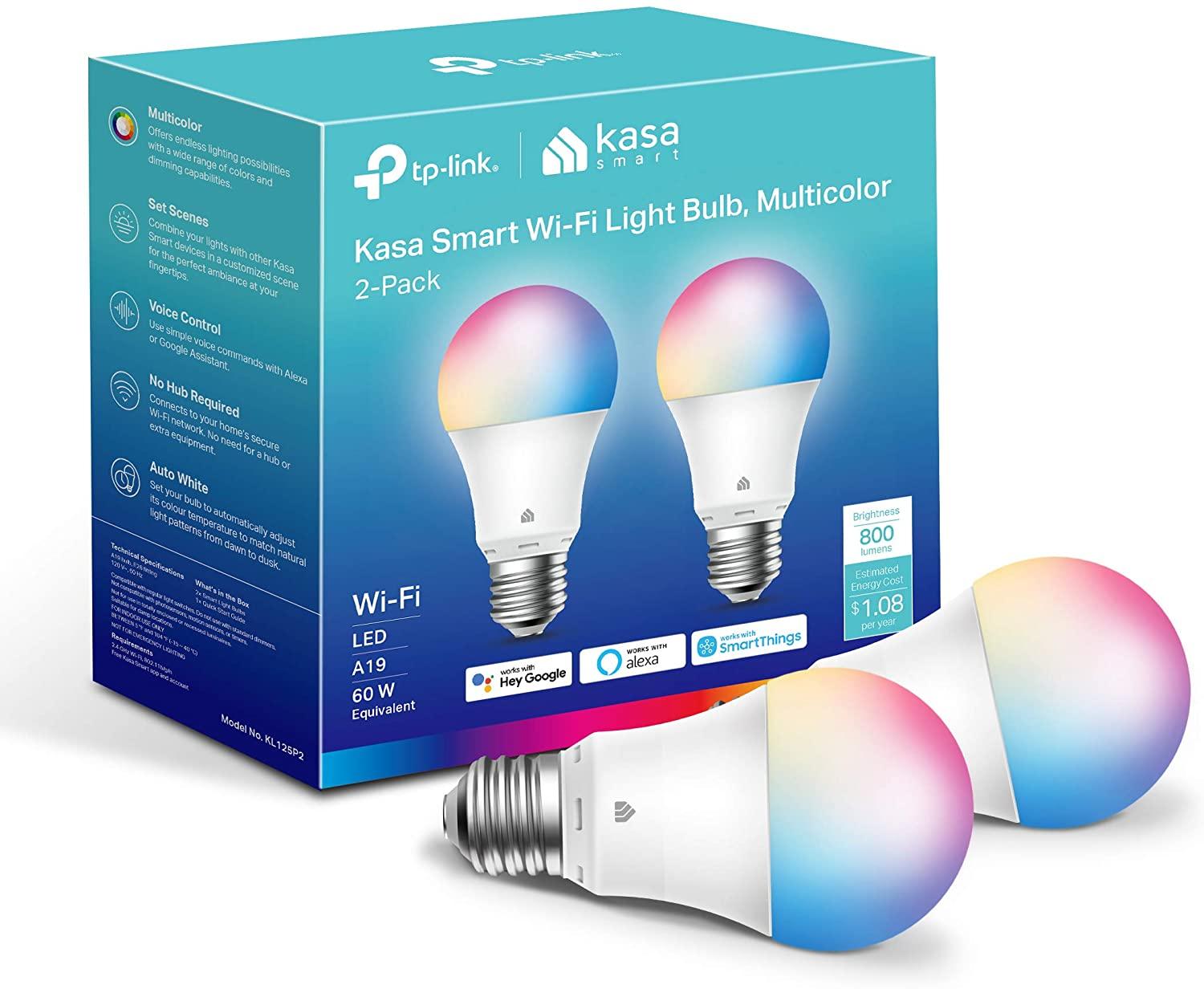 2 TP-Link Kasa Smart A19 800 Lumens Dimmable Smart Light Bulbs for $21.99