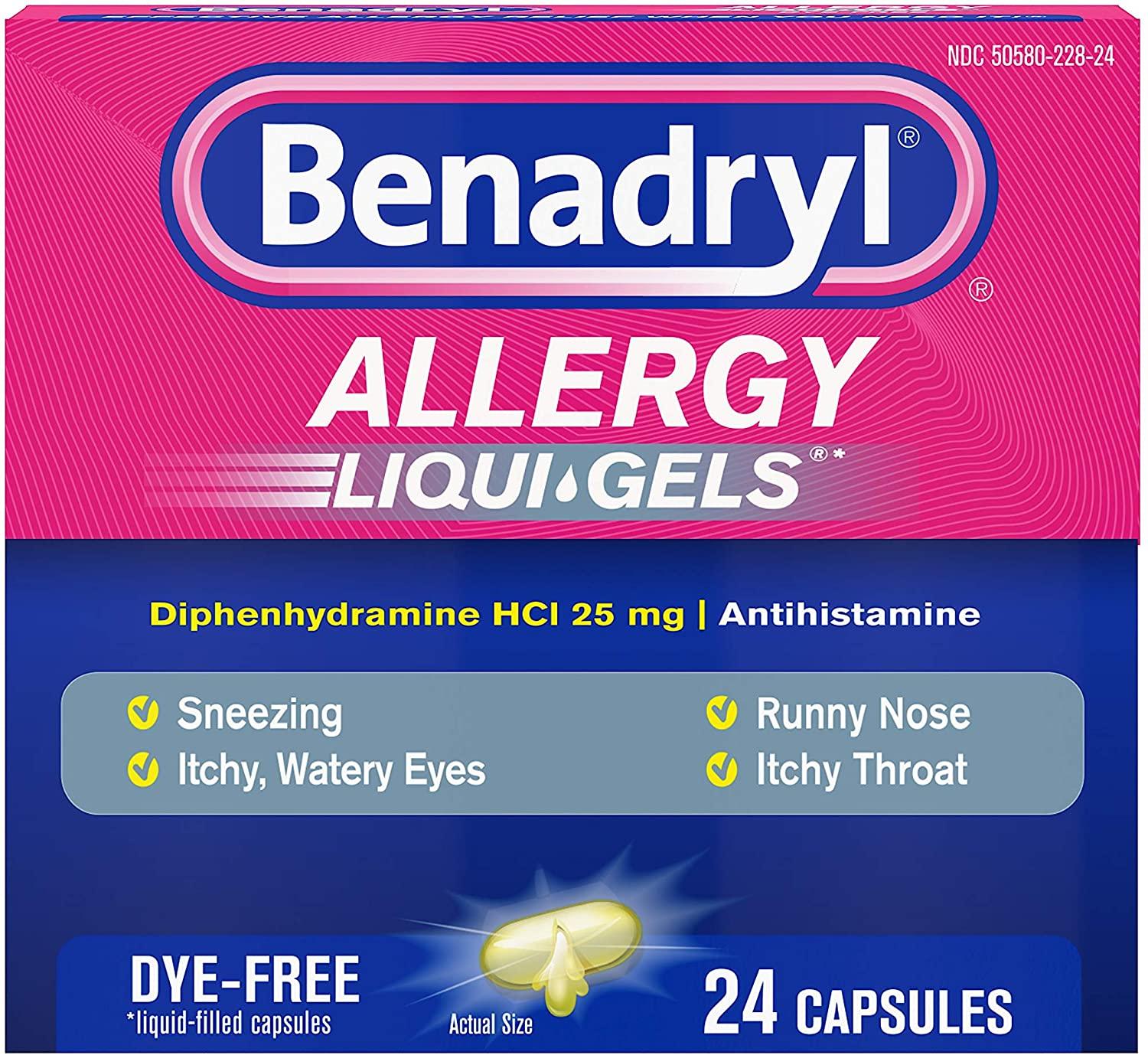 24 Benadryl Liqui-Gels Antihistamine Allergy Medicine for $3.29