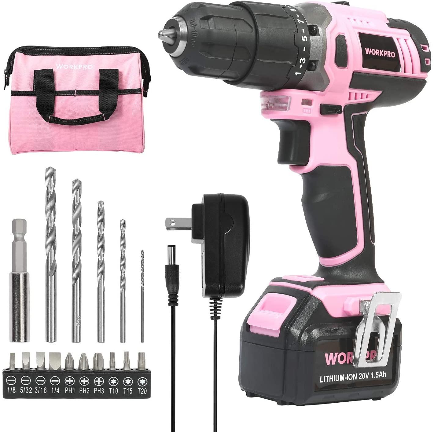 Workpro Pink Cordless 20V Lithium-ion Drill Driver Set for $55.99 Shipped