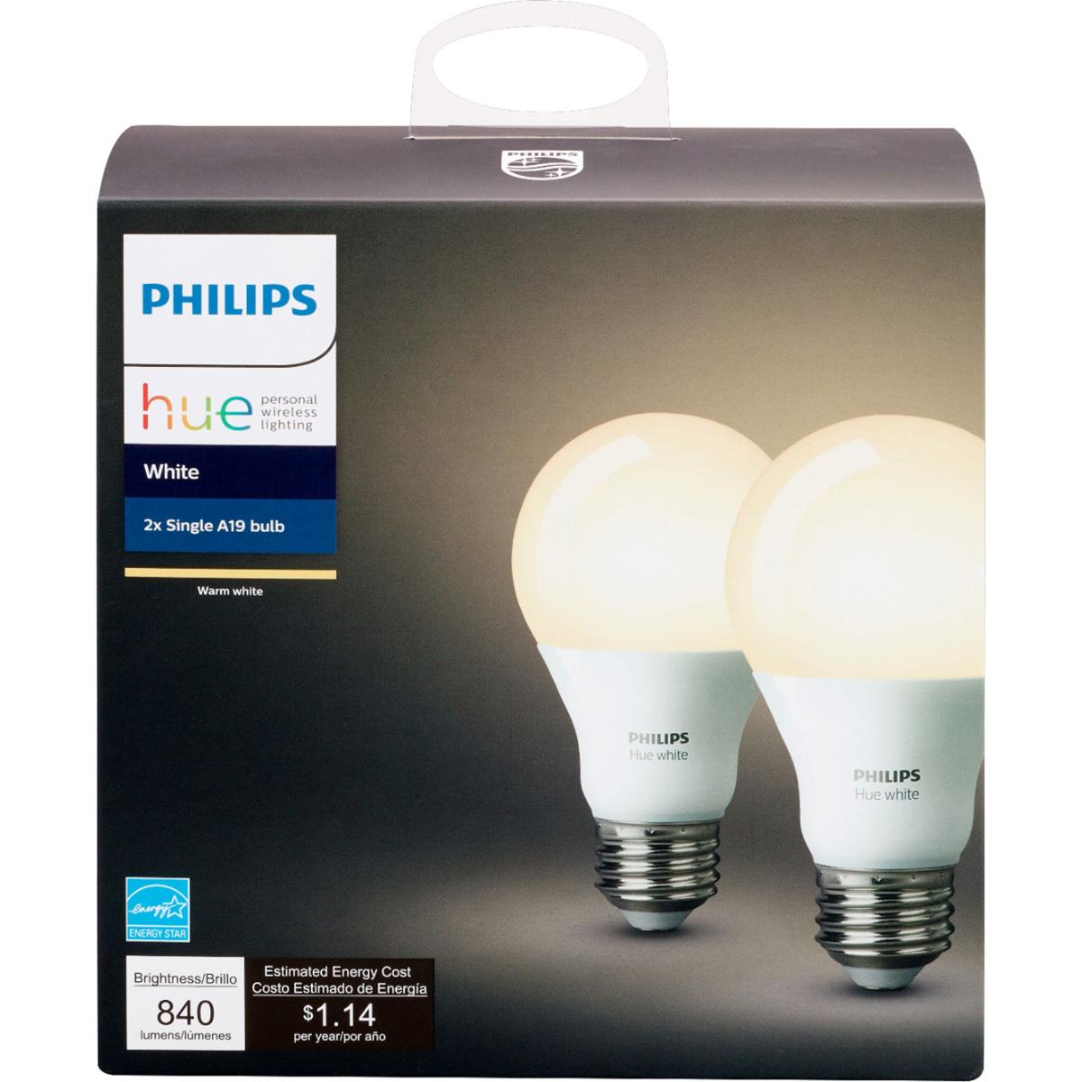 2 Philips Hue A19 Smart LED Bulbs for $14.99