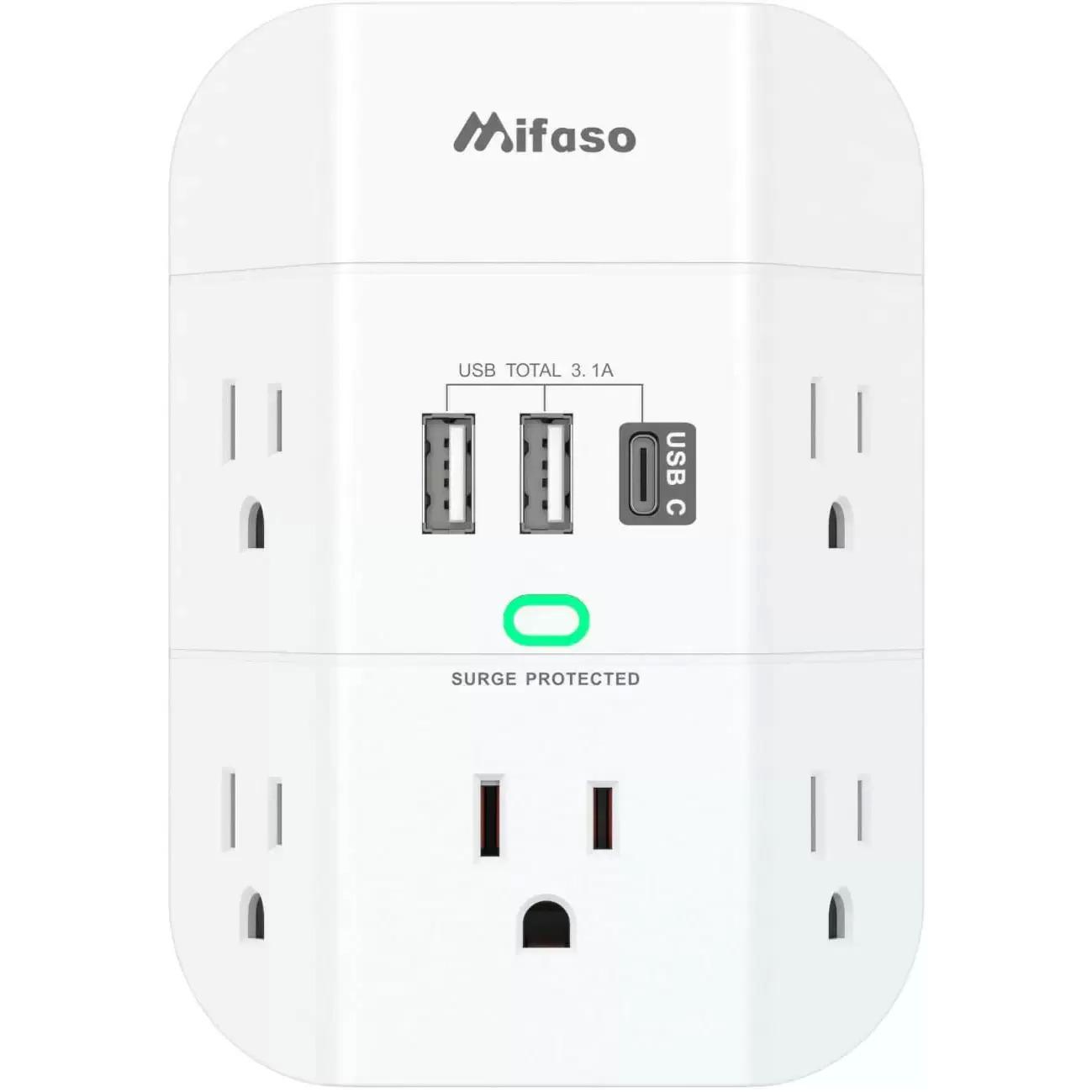 Mifaso 5-Outlet + 3 USB Wall Surge Protector Outlet Extender for $10.57