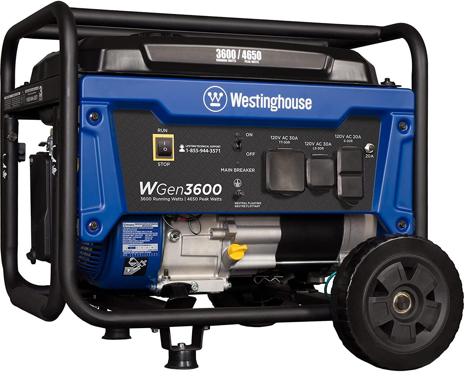 Westinghouse WGen3600 Portable 3600W Peak Gas Generator for $285.62 Shipped