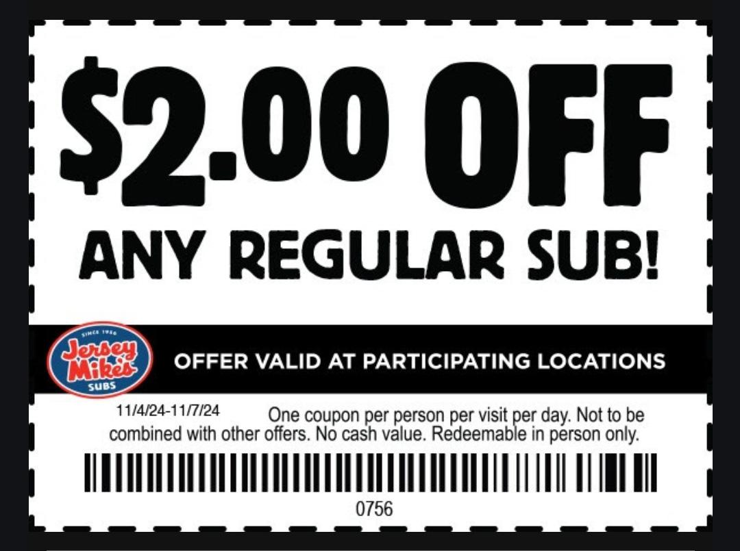 Jersey Mikes Subs Sandwiches $2 Off Coupon