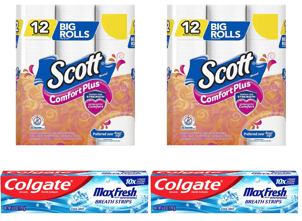 24 Scott ComfortPlus Toilet Paper with 2 Colgate Toothpastes for $9.48