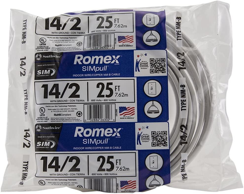 25ft Southwire Romex SIMpull Indoor Electrical Copper Wire for $10.76