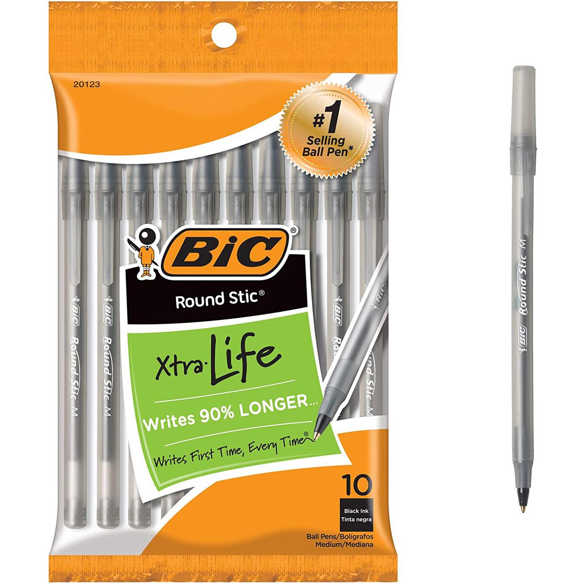 10 BIC Round Stic Xtra Life Medium Point Ballpoint Pens for $0.99