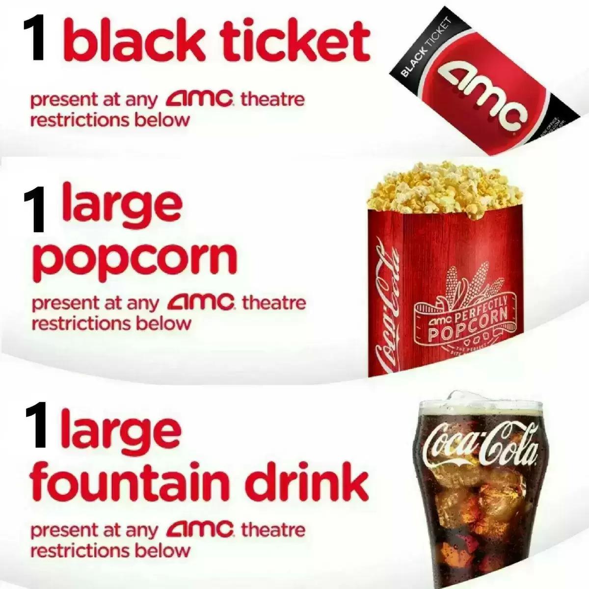 AMC Movie Theater Black Ticket with Large Drink and Large Popcorn for $14