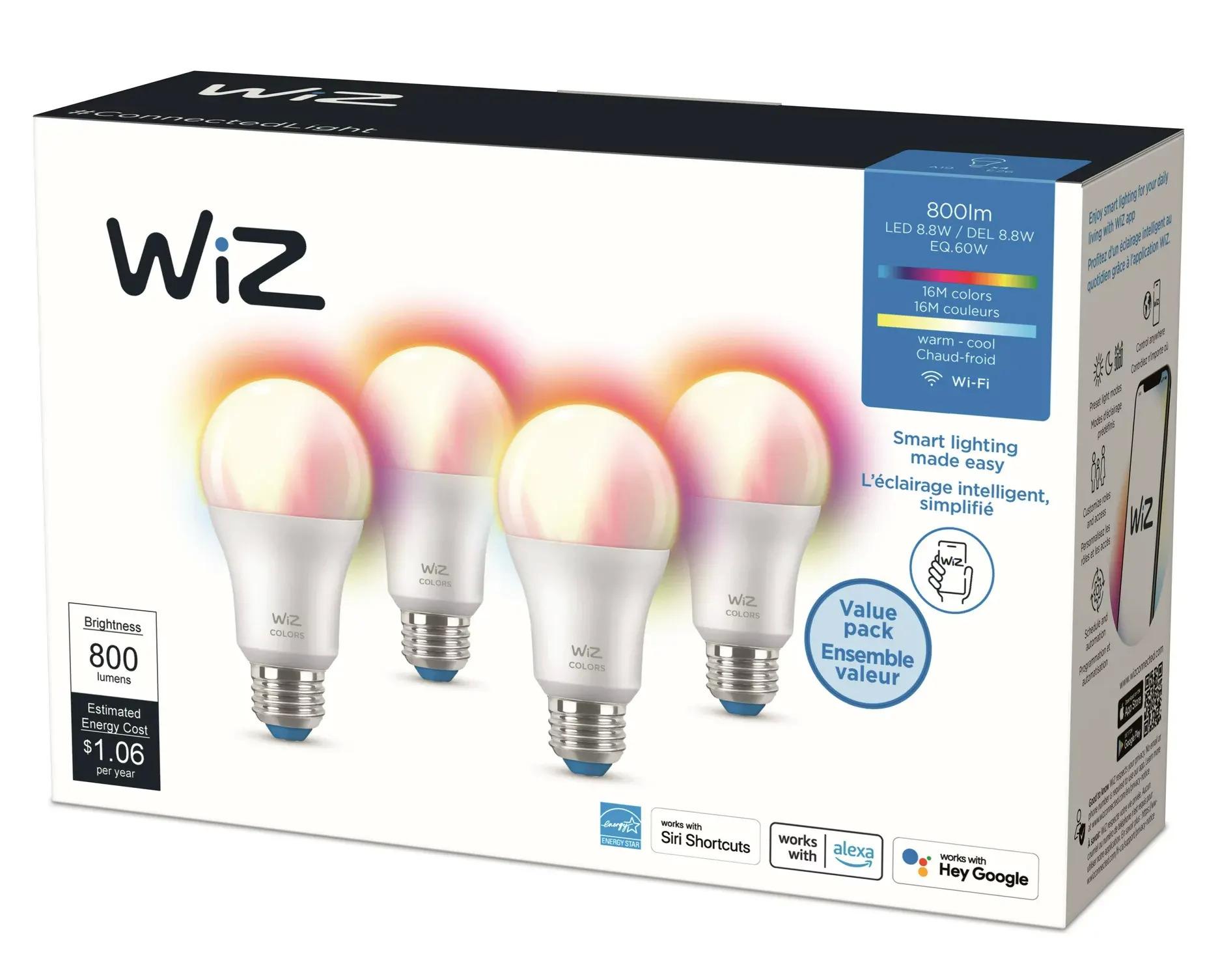 WiZ LED Smart Wi-Fi Connected 60W A19 Color White Light Bulbs 4 Pack for $15