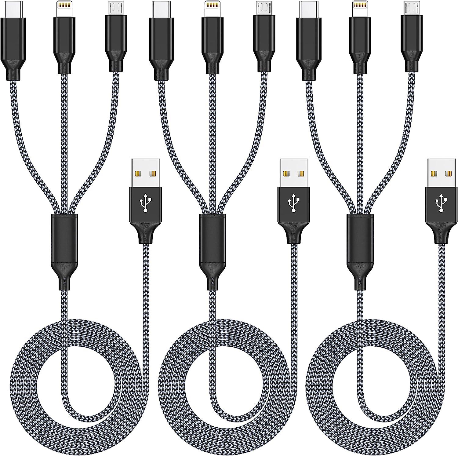 3 in 1 USB Charging Cable with microUSB USB-C and Lightning 3 Pack for $5.99