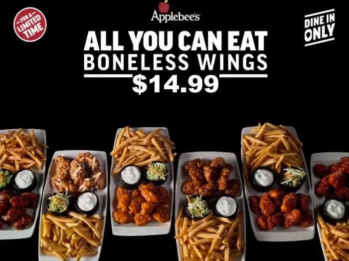 Applebees Grill and Bar All You Can Eat Boneless Wings Riblets Fries for $14.99