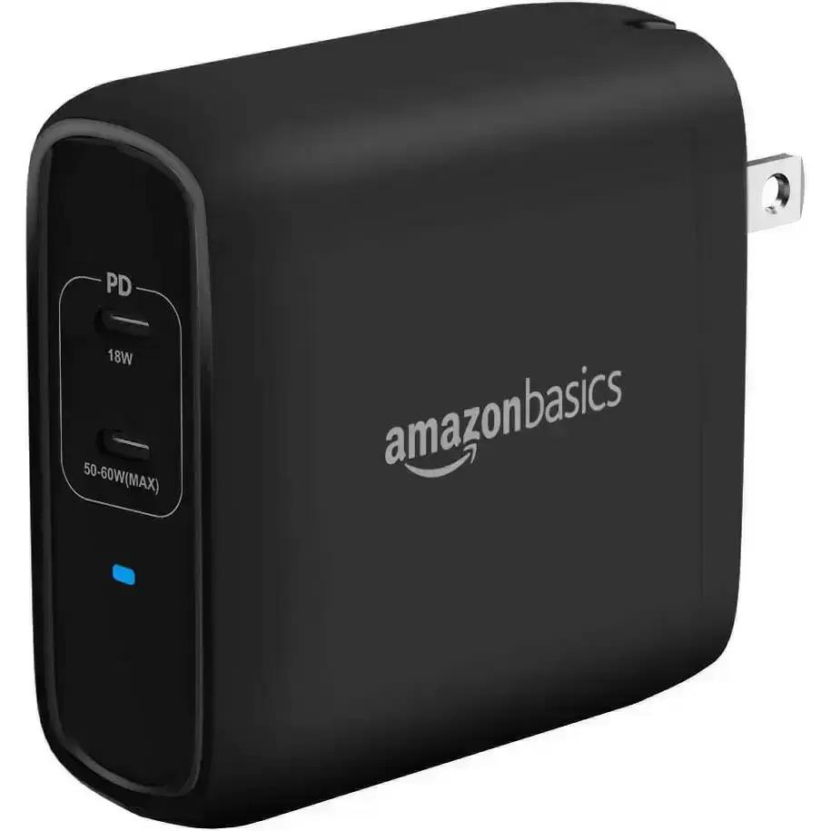 Amazon Basics 68W Two-Port GaN USB-C Black Wall Charger for $14.99