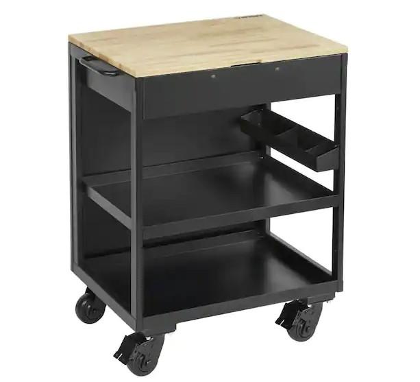 Husky Extra Wide Utility Cart with Wooden Top in Black for $125