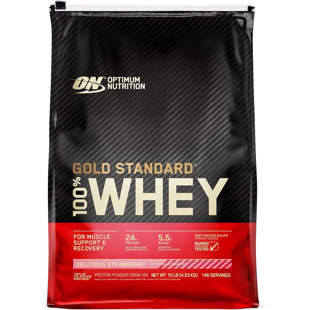 Optimum Nutrition Gold Whey Protein Powder Strawberry 10Lbs for $91.18 Shipped