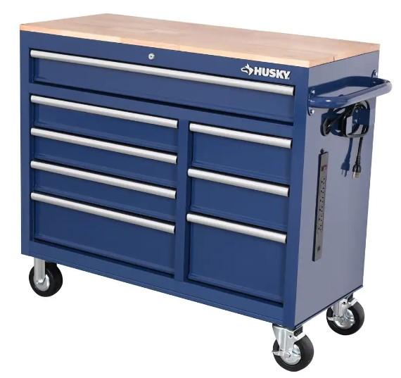 Husky 8-Drawer Blue Mobile Workbench Cabinet with Wood Top for $298