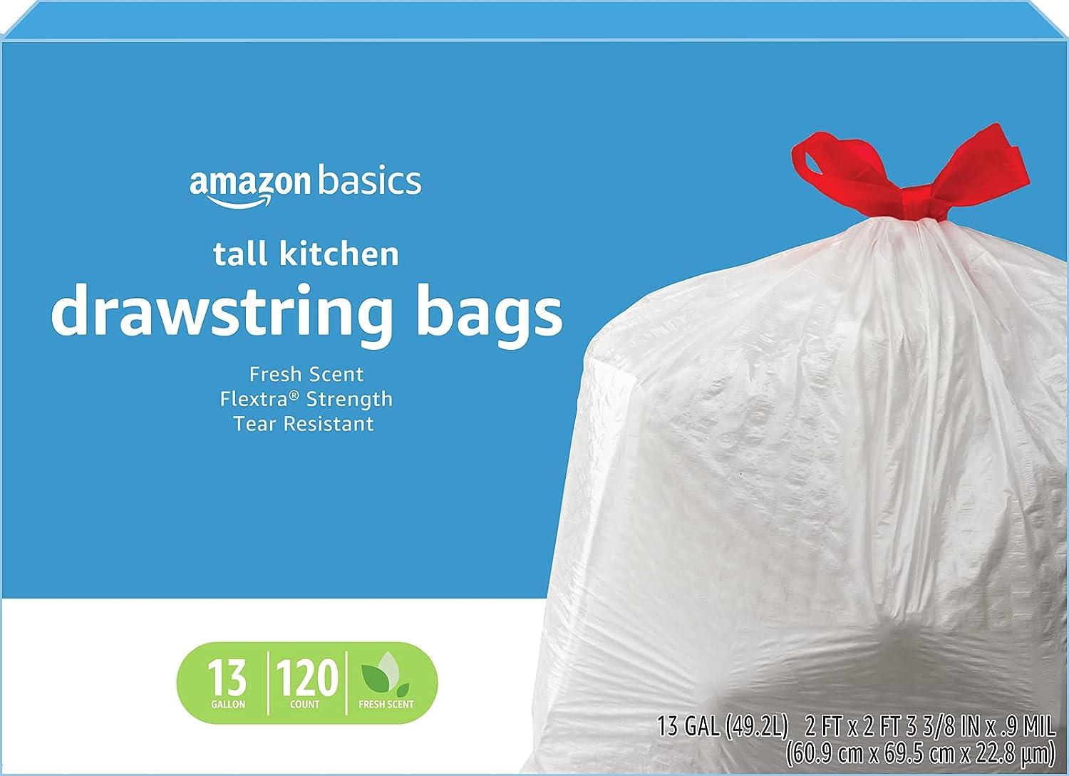 Amazon Basics Flextra Tall Kitchen Drawstring 13Gallon Trash Bags 120 Pack for $11.97