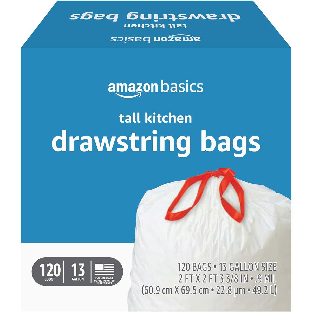 Amazon Basics Flextra Tall Kitchen Drawstring 13Gallon Trash Bags 120 Pack for $11.97