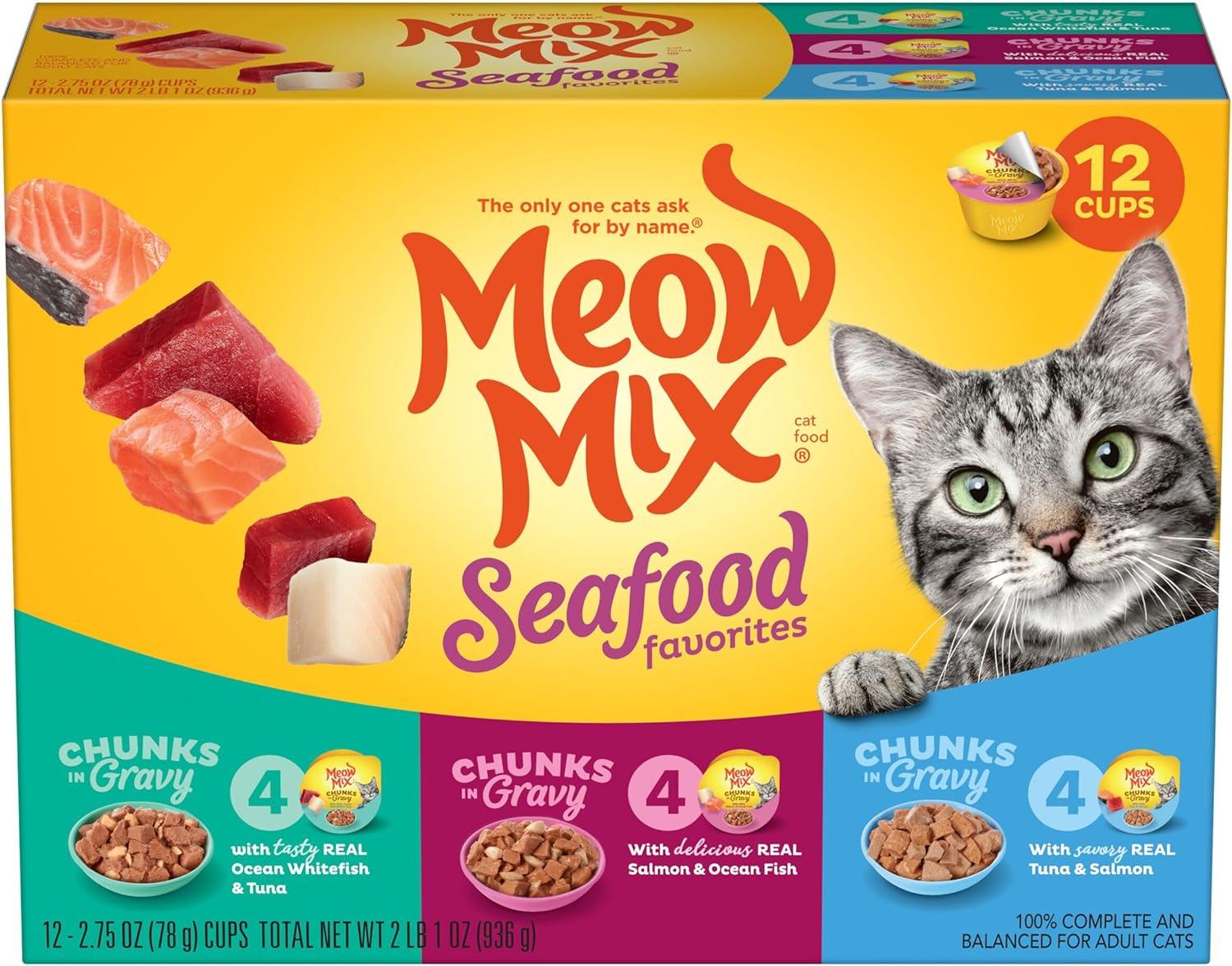 Meow Mix Seafood Favorites Chunks in Gravy Wet Cat Food 12 Pack for $5.39